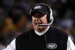 PITTSBURGH, PA - JANUARY 23:  Head coach Rex Ryan of the New York Jets reacts during their 2011 AFC Championship game against the Pittsburgh Steelers at Heinz Field on January 23, 2011 in Pittsburgh, Pennsylvania.  (Photo by Nick Laham/Getty Images)