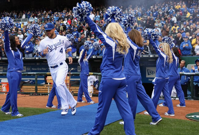 KANSAS CITY, MO - MARCH 31:  Outfielder Alex Gordon #4 of the Kansas City Royals in introduced prior to the start of the opening day game against the Los Angeles Angels of Anaheim at Kauffman Stadium on March 31, 2011 in Kansas City, Missouri.  (Photo by Jamie Squire/Getty Images)