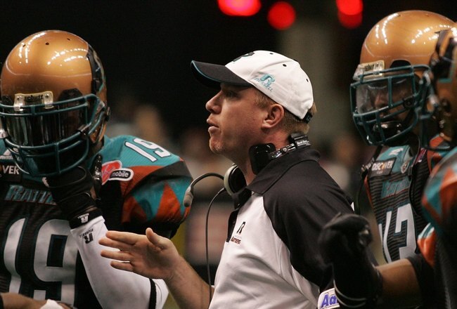 PHOENIX - JUNE 30:  Head coach Kevin Guy of the Arizona Rattlers talks during a game against the Grand Rapids Rampage at the US Airways Center in Phoenix, Arizona on June 30, 2008.  (Photo by Gene Lower/Getty Images)
