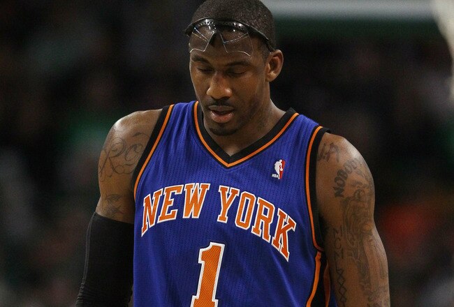 BOSTON, MA - APRIL 17:  Amare Stoudemire #1 of the New York Knicks walks on the court after a time out in Game One of the Eastern Conference Quarterfinals in the 2011 NBA Playoffs on April 17, 2011 at the TD Garden in Boston, Massachusetts. NOTE TO USER: User expressly acknowledges and agrees that, by downloading and or using this photograph, User is consenting to the terms and conditions of the Getty Images License Agreement.  (Photo by Elsa/Getty Images)