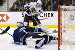 VANCOUVER, CANADA - FEBRUARY 4: Goalie Roberto Luongo #1 of the Vancouver Canucks sprawls and watches Tomas Kopecky #82 of the Chicago Blackhawks hit the post with his shot during the third period in NHL action on February 04, 2011 at Rogers Arena in Vancouver, British Columbia, Canada. (Photo by Rich Lam/Getty Images)
