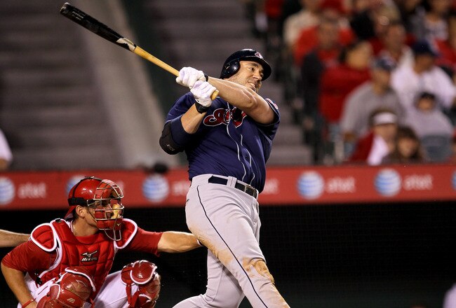 ANAHEIM, CA - SEPTEMBER 06:  Travis Hafner #48 of the Cleveland Indians bats against the Los Angeles Angels of Anaheim in the fourth inning on September 6, 2010 at Angel Stadium in Anaheim, California.  (Photo by Stephen Dunn/Getty Images)