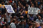 SACRAMENTO, CA - APRIL 13:  Fans of the Sacramento Kings hold up signs against the Los Angeles Lakers on April 13, 2011 at Power Balence Pavilion in Sacramento, California. NOTE TO USER: User expressly acknowledges and agrees that, by downloading and/or using this Photograph, user is consenting to the terms and conditions of the Getty Images License Agreement  (Photo by Jed Jacobsohn/Getty Images)