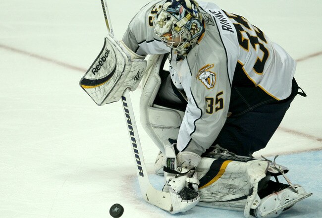 ANAHEIM - APRIL 22:  Goalie Pekka Rinne #35 of the Nashville Predators makes a save against the Anaheim Ducks in Game Five of the Western Conference Quarterfinals during the 2011 NHL Stanley Cup Playoffs at Honda Center on April 22, 2011 in Anaheim, California.  (Photo by Stephen Dunn/Getty Images)