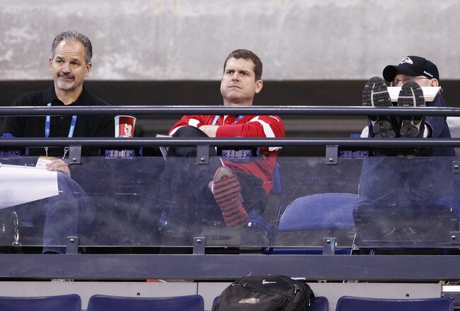 INDIANAPOLIS, IN - MARCH 1: San Francisco 49ers head coach Jim Harbaugh looks on during the 2011 NFL Scouting Combine at Lucas Oil Stadium on February 28, 2011 in Indianapolis, Indiana. (Photo by Joe Robbins/Getty Images)