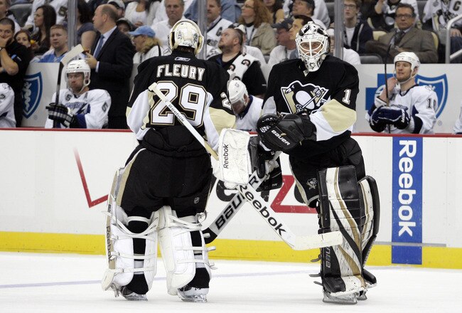 PITTSBURGH, PA - APRIL 23:  Brent Johnson #1 of the Pittsburgh Penguins replaces Marc-Andre Fleury #29 against the Tampa Bay Lightning in Game Five of the Eastern Conference Quarterfinals during the 2011 NHL Stanley Cup Playoffs at Consol Energy Center on April 23, 2011 in Pittsburgh, Pennsylvania.  (Photo by Justin K. Aller/Getty Images)