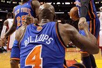 MIAMI, FL - FEBRUARY 27:  Chauncey Billups #4 of the New York Knicks is helped up by Carmelo Anthony #7 and Anthony Carter #25 during a game gainst the Miami Heat at American Airlines Arena on February 27, 2011 in Miami, Florida. NOTE TO USER: User expressly acknowledges and agrees that, by downloading and/or using this Photograph, User is consenting to the terms and conditions of the Getty Images License Agreement.  (Photo by Mike Ehrmann/Getty Images)