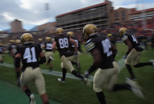 BOULDER, CO - NOVEMBER 13:  The Colorado Buffaloes take the field to face the Iowa State Cyclones at Folsom Field on November 13, 2010 in Boulder, Colorado. Colorado defeated Iowa State 34-14.  (Photo by Doug Pensinger/Getty Images)