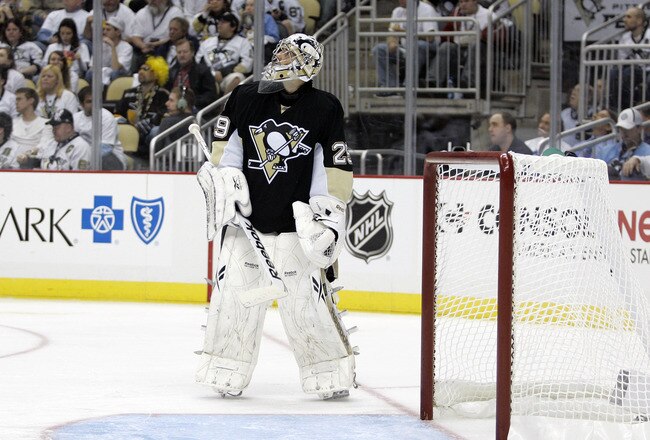 PITTSBURGH, PA - APRIL 23:  Marc-Andre Fleury #29 of the Pittsburgh Penguins reacts after allowing five goals against the Tampa Bay Lightning in Game Five of the Eastern Conference Quarterfinals during the 2011 NHL Stanley Cup Playoffs at Consol Energy Center on April 23, 2011 in Pittsburgh, Pennsylvania.  (Photo by Justin K. Aller/Getty Images)