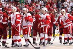 GLENDALE, AZ - APRIL 20:  Tomas Holmstrom #96, Pavel Datsyuk #13, Justin Abdelkader #8 and Todd Bertuzzi #44 of the Detroit Red Wings shake hands with the Phoenix Coyotes after Game Four of the Western Conference Quarterfinals during the 2011 NHL Stanley Cup Playoffs at Jobing.com Arena on April 20, 2011 in Glendale, Arizona.  (Photo by Christian Petersen/Getty Images)