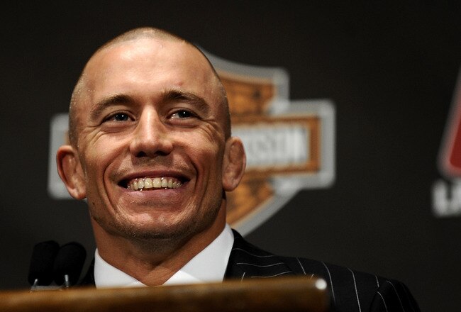 NEW YORK - MARCH 24:  Georges St-Pierre of Montreal, Quebec, Canada speaks at a press conference for UFC 111 at Radio City Music Hall on March 24, 2010 in New York City.  St-Pierre will face Dan Hardy of Nottingham UK in the Welterweight title bout.  (Photo by Jeff Zelevansky/Getty Images)