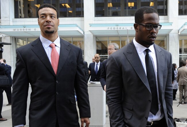 SAINT PAUL, MN - APRIL 6: Wide receiver Vincent Jackson (L) of the San Diego Chargers and linebacker Von Miller of Texas A&M, who is entered in this year's NFL draft, leave following a hearing at the U.S. Courthouse on April 6, 2011 in Saint Paul, Minnesota. NFL players have filed an antitrust lawsuit against the NFL owners after labor talks between the two broke down last month. (Photo by Hannah Foslien/Getty Images)