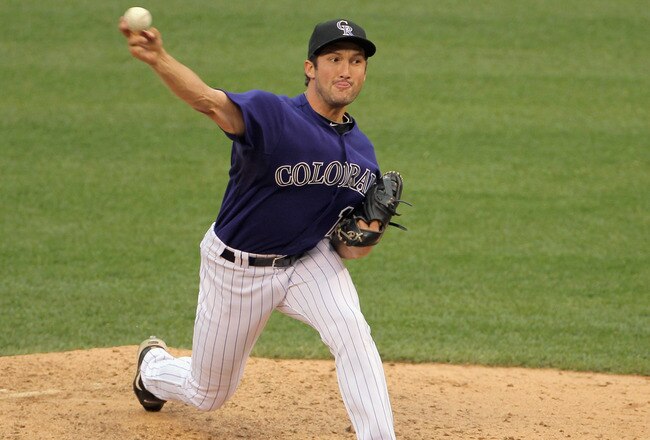 DENVER, CO - APRIL 20:  Closer Huston Street #16 of the Colorado Rockies delivers against the San Francisco Giants at Coors Field on April 20, 2011 in Denver, Colorado.  (Photo by Doug Pensinger/Getty Images)