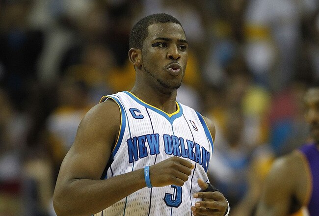 NEW ORLEANS, LA - APRIL 24:  Chris Paul #3 of the New Orleans Hornets reacts to a call during a game with the Los Angeles Lakers in Game Four of the Western Conference Quarterfinals in the 2011 NBA Playoffs at New Orleans Arena on April 24, 2011 in New Orleans, Louisiana. NOTE TO USER: User expressly acknowledges and agrees that, by downloading and or using this Photograph, user is consenting to the terms and conditions of the Getty Images License Agreement.  (Photo by Jeff Zelevansky/Getty Images)