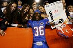 GAINESVILLE, FL - NOVEMBER 15:  Cornerback Moses Jenkins #36 of the Florida Gators celebrates with fans after defeating the South Carolina Gamecocks at Ben Hill Griffin Stadium on November 15, 2008 in Gainesville, Florida. Florida defeated South Carolina 56-6.  (Photo by Doug Benc/Getty Images)
