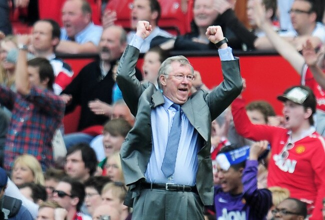 MANCHESTER, ENGLAND - APRIL 23:  Sir Alex Ferguson, manager of Manchester United celebrates after the final whistle during the Barclays Premier League match between Manchester United and Everton at Old Trafford on April 23, 2011 in Manchester, England.  (Photo by Shaun Botterill/Getty Images)