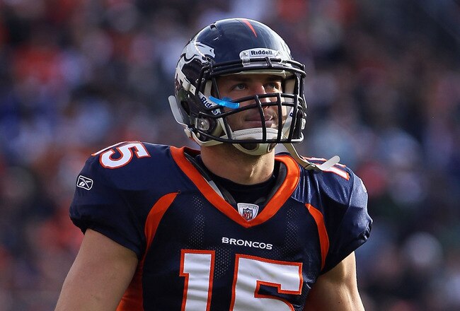 DENVER - DECEMBER 26:  Quarterback Tim Tebow #15 of the Denver Broncos looks on as he faces the Houston Texas at INVESCO Field at Mile High on December 26, 2010 in Denver, Colorado. The Broncos defeated the Texans 24-23.  (Photo by Doug Pensinger/Getty Images)