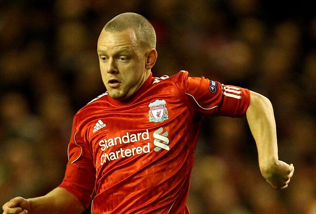 LIVERPOOL, ENGLAND - FEBRUARY 24:  Jay Spearing of Liverpool in action during the UEFA Europa League Round of 32 2nd leg match beteween Liverpool and Sparta Prague at Anfield on February 24, 2011 in Liverpool, England.  (Photo by Richard Heathcote/Getty Images)