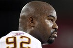 GLENDALE, AZ - SEPTEMBER 02:  Defensive tackle Albert Haynesworth #92 of the Washington Redskins stands on the sidelines during preseason NFL game against the Arizona Cardinals at the University of Phoenix Stadium on September 2, 2010 in Glendale, Arizona.  The Cardinals defeated the Redskins 20-10.  (Photo by Christian Petersen/Getty Images)
