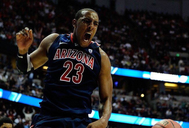 ANAHEIM, CA - MARCH 26:  Derrick Williams #23 of the Arizona Wildcats reacts after a dunk against of the Connecticut Huskies during the west regional final of the 2011 NCAA men's basketball tournament at the Honda Center on March 26, 2011 in Anaheim, California.  (Photo by Kevork Djansezian/Getty Images)