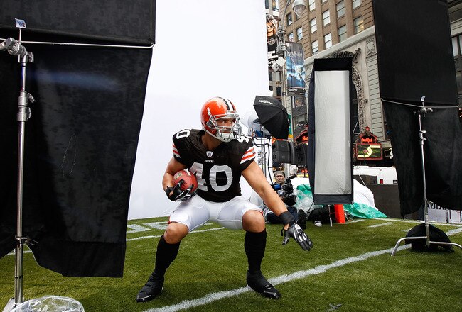 NEW YORK - APRIL 28:  Peyton Hillis #40 of the Cleveland Browns participates in a photo shoot for the cover of EA Sports Madden NFL 12 on April 28, 2011 in Time Square, New York City  (Photo by Mike Stobe/Getty Images for EA Sports)