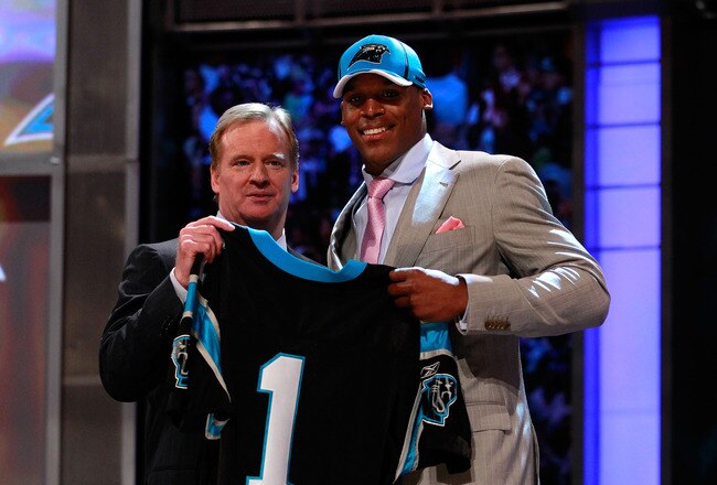 NEW YORK, NY - APRIL 28:  NFL COmmissioner Roger Goodell poses for a photo with Carolina Panthers #1 overall pick Cam Newton from Auburn during the 2011 NFL Draft at Radio City Music Hall on April 28, 2011 in New York City.  (Photo by Chris Trotman/Getty Images)