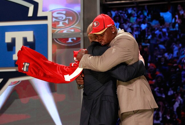 NEW YORK, NY - APRIL 28:  NFL Commissoner Roger Goodell greets Aldon Smith, #7 overall pick by the San Francisco 49ers, during the 2011 NFL Draft at Radio City Music Hall on April 28, 2011 in New York City.  (Photo by Chris Trotman/Getty Images)