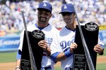 LOS ANGELES, CA - APRIL 13:  Matt Kemp #27 and Andre Ethier #16 of the Los Angeles Dodgers receive their Silver Slugger awards before the game with the Arizona Diamondbacks on April 13, 2010 at Dodger Stadium in Los Angeles, California.  The Dodgers won 9-5.  (Photo by Stephen Dunn/Getty Images)