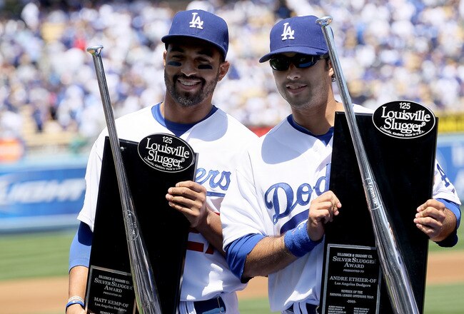 LOS ANGELES, CA - APRIL 13:  Matt Kemp #27 and Andre Ethier #16 of the Los Angeles Dodgers receive their Silver Slugger awards before the game with the Arizona Diamondbacks on April 13, 2010 at Dodger Stadium in Los Angeles, California.  The Dodgers won 9-5.  (Photo by Stephen Dunn/Getty Images)