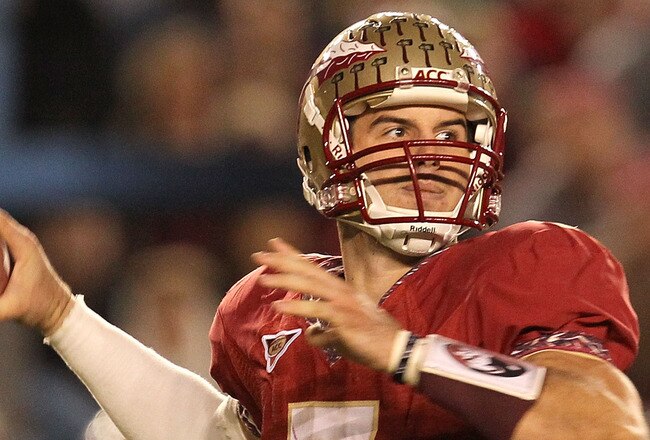 TALLAHASSEE, FL - NOVEMBER 27:  Christian Ponder #7 of the Florida State Seminoles throws for a first down during a game against the Florida Gators at Doak Campbell Stadium on November 27, 2010 in Tallahassee, Florida.  (Photo by Mike Ehrmann/Getty Images)