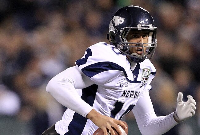 SAN FRANCISCO, CA - JANUARY 09:  Colin Kaepernick #10 of the Nevada Wolf Pack looks to pass the ball against Boston College during the Kraft Fight Hunger Bowl at AT&T Park on January 9, 2011 in San Francisco, California.  (Photo by Ezra Shaw/Getty Images)