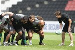MILTON KEYNES, ENGLAND - APRIL 28:  Lee Dickson (R) prepares to feed the ball into the Saints front row of Soane Tonga'uhia, Dylan Hartley and Brian Mujati during the Northampton Saints training session at Stadium MK on April 28, 2011 in Milton Keynes, England.  (Photo by David Rogers/Getty Images)