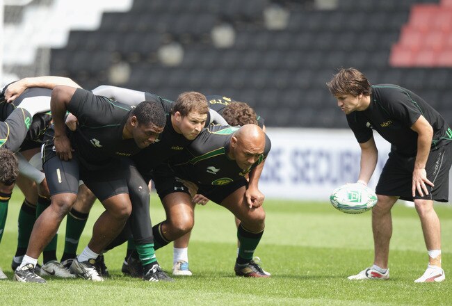 MILTON KEYNES, ENGLAND - APRIL 28:  Lee Dickson (R) prepares to feed the ball into the Saints front row of Soane Tonga'uhia, Dylan Hartley and Brian Mujati during the Northampton Saints training session at Stadium MK on April 28, 2011 in Milton Keynes, England.  (Photo by David Rogers/Getty Images)
