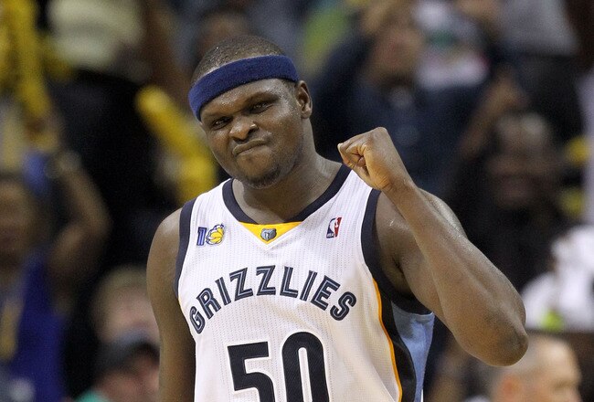 MEMPHIS, TN - APRIL 29:  Zach Randolph #50 of the Memphis Grizzlies celebrates during the Grizzlies 99-91 win over the San Antonio Spurs  in Game Six of the Western Conference Quarterfinals in the 2011 NBA Playoffs at FedExForum on April 29, 2011 in Memphis, Tennessee. NOTE TO USER: User expressly acknowledges and agrees that, by downloading and/or using this Photograph, User is consenting to the terms and conditions of the Getty Images License Agreement.  (Photo by Andy Lyons/Getty Images)