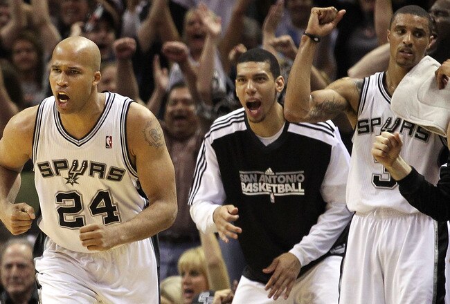 SAN ANTONIO, TX - APRIL 20:  Forward Richard Jefferson #24 of the San Antonio Spurs reacts after making a three-point shot against the Memphis Grizzlies in Game Two of the Western Conference Quarterfinals in the 2011 NBA Playoffs on April 20, 2011 at AT&T Center in San Antonio, Texas.  NOTE TO USER: User expressly acknowledges and agrees that, by downloading and or using this photograph, User is consenting to the terms and conditions of the Getty Images License Agreement.  (Photo by Ronald Martinez/Getty Images)