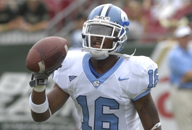TAMPA, FL - SEPTEMBER 22: Cornerback Kendric Burney #16 of the North Carolina Tar Heels warms up before play against the University of South Florida Bulls at Raymond James Stadium on September 22, 2007 in Tampa, Florida.  USF  won 37-10.  (Photo by Al Messerschmidt/Getty Images)