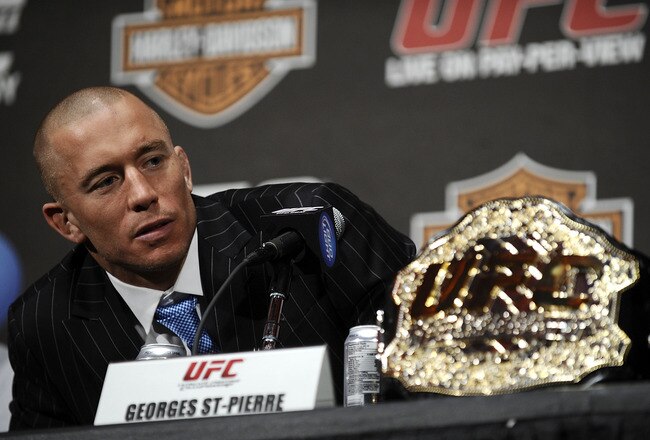 NEW YORK - MARCH 24:  Georges St-Pierre of Montreal, Quebec, Canada speaks at a press conference for UFC 111 at Radio City Music Hall on March 24, 2010 in New York City.  St-Pierre will face Dan Hardy of Nottingham UK in the Welterweight title bout.  (Photo by Jeff Zelevansky/Getty Images)