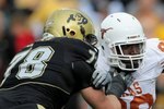 BOULDER, CO - OCTOBER 04:  Brian Orakpo #98 of the Texas Longhorns rushes against Nate Solder #78 the Colorado Buffaloes at Folsom Field on October 4, 2008 in Boulder, Colorado. Texas defeated Colorado 38-14.  (Photo by Doug Pensinger/Getty Images)