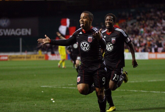 WASHINGTON, D.C. - MARCH 19: Charlie Davies #9 of D.C. United celebrates after scoring a goal against the Columbus Crew at RFK Stadium on March 19, 2011 in Washington, DC. (Photo by Ned Dishman/Getty Images)