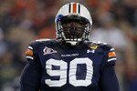 GLENDALE, AZ - JANUARY 10:  Nick Fairley #90 of the Auburn Tigers reacts during their Tostitos BCS National Championship Game against the Oregon Ducks at University of Phoenix Stadium on January 10, 2011 in Glendale, Arizona.  (Photo by Ronald Martinez/Getty Images)