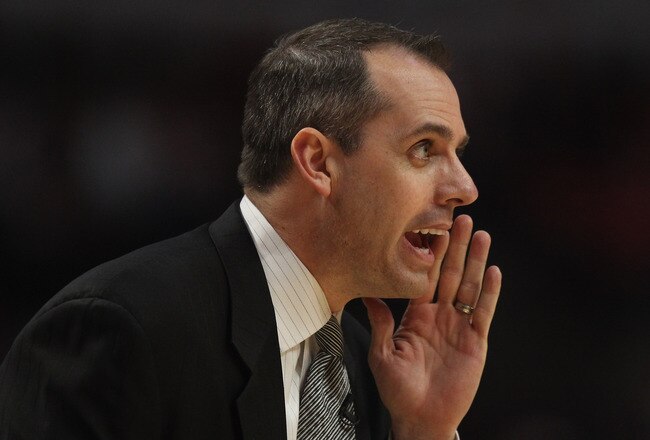 CHICAGO, IL - APRIL 16: Head coach Frank Vogel of the Indiana Pacers calls a play against the Chicago Bulls in Game One of the Eastern Conference Quarterfinals in the 2011 NBA Playoffs at the United Center on April 16, 2011 in Chicago, Illinois. The Bulls defeated the Pacers 104-99. NOTE TO USER: User expressly acknowledges and agrees that, by downloading and/or using this photograph, User is consenting to the terms and conditions of the Getty Images License Agreement. (Photo by Jonathan Daniel/Getty Images)