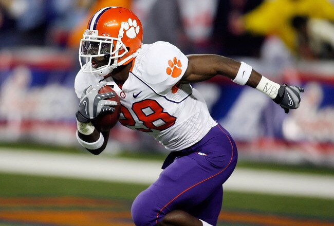 ATLANTA - DECEMBER 31:  C.J. Spiller #28 of the Clemson University Tigers runs down the field during the Chick-Fil-A Bowl on December 31, 2007 at the Georgia Dome in Atlanta, Georgia.  (Photo by Chris Graythen/Getty Images)