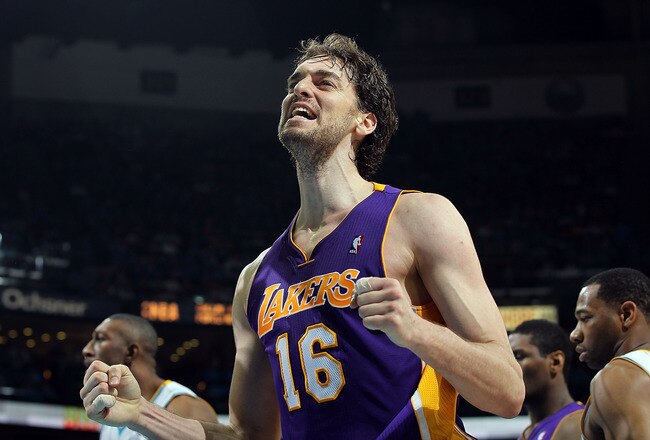 NEW ORLEANS, LA - APRIL 28:  Pau Gasol #16 of the Los Angeles Lakers reacts during play against the New Orleans Hornets in Game Six of the Western Conference Quarterfinals in the 2011 NBA Playoffs on April 28, 2011 at New Orleans Arena in New Orleans, Louisiana.  NOTE TO USER: User expressly acknowledges and agrees that, by downloading and or using this photograph, User is consenting to the terms and conditions of the Getty Images License Agreement.  (Photo by Ronald Martinez/Getty Images)
