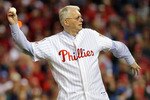 PHILADELPHIA - OCTOBER 27:  Former Philadelphia Phillies pitcher and U.S. Senator Jim Bunning (R-KY) throws out the ceremonial first pitch prior to game five of the 2008 MLB World Series between the Philadelphia Phillies and the Tampa Bay Rays on October 27, 2008 at Citizens Bank Park in Philadelphia, Pennsylvania.  (Photo by Doug Pensinger/Getty Images)