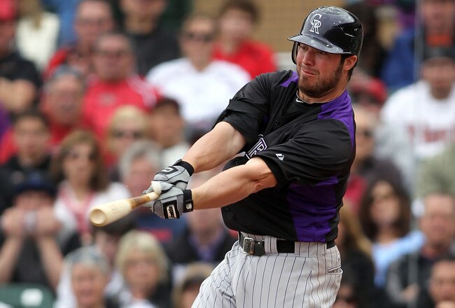 SCOTTSDALE, AZ - FEBRUARY 26:  Ian Stewart #9 of the Colorado Rockies swings during the game against the Arizona Diamondbacks at Salt River Fields on February 26, 2011in Scottsdale, Arizona..  (Photo by Jonathan Ferrey/Getty Images)