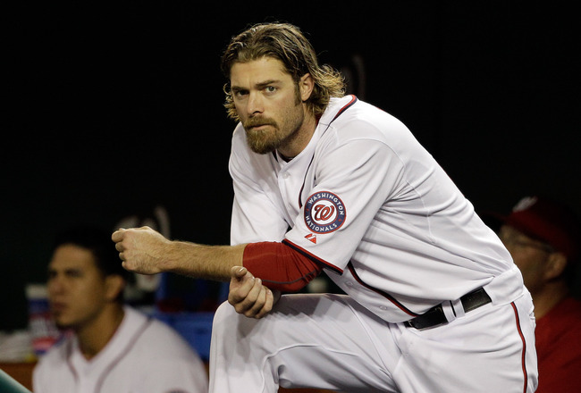 WASHINGTON, DC - APRIL 29: Jayson Werth #28 of the Washington Nationals in the dugout against the San Francisco Giants at Nationals Park on April 29, 2011 in Washington, DC.  (Photo by Rob Carr/Getty Images)