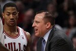 CHICAGO, IL - MARCH 12: Head coach Tom Thibodeau of the Chicago Bulls gives instructions to Loul Deng #9 and Derrick Rose #1 against the Utah Jazz at the United Center on March 12, 2011 in Chicago, Illinois. The Bulls defeated the Jazz 118-100. NOTE TO USER: User expressly acknowledges and agrees that, by downloading and/or using this photograph, User is consenting to the terms and conditions of the Getty Images License Agreement. (Photo by Jonathan Daniel/Getty Images)