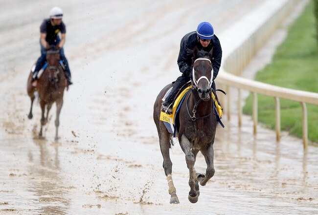 LOUISVILLE, KY - MAY 02:  Soldat (R) runs during the morning exercise session in preparation for the 137th Kentucky Derby at Churchill Downs on May 2, 2011 in Louisville, Kentucky.  (Photo by Matthew Stockman/Getty Images)