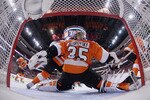 PHILADELPHIA, PA - APRIL 30: Sergei Bobrovsky #35 of the Philadelphia Flyers defends the net against the Boston Bruins in Game One of the Eastern Conference Semifinals during the 2011 NHL Stanley Cup Playoffs at the Wells Fargo Center on April 30, 2011 in Philadelphia, Pennsylvania. The Bruins defeated the Flyers 7-3.  (Photo by Bruce Bennett/Getty Images)