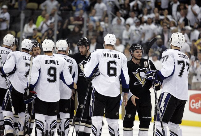 PITTSBURGH, PA - APRIL 27:  The Pittsburgh Penguins and the Tampa Bay Lightning shake hands after Game Seven of the Eastern Conference Quarterfinals during the 2011 NHL Stanley Cup Playoffs at Consol Energy Center on April 27, 2011 in Pittsburgh, Pennsylvania.  The Lightning defeated the Penguins 1-0.  (Photo by Justin K. Aller/Getty Images)